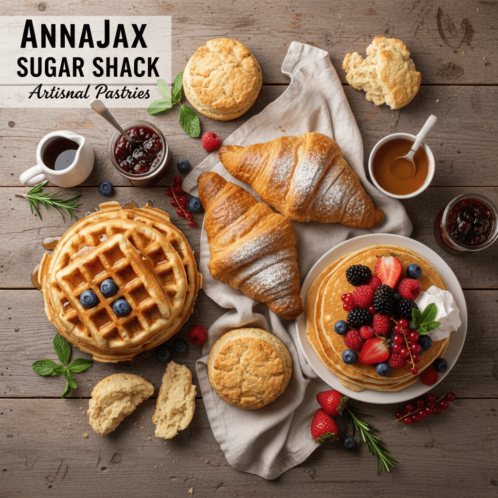 Artisanal pastries with croissants, waffles, pancakes, and biscuits on a wooden table