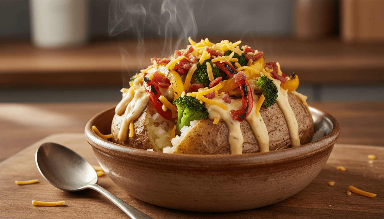 Loaded potato with fresh vegetables, cheese, and savory toppings