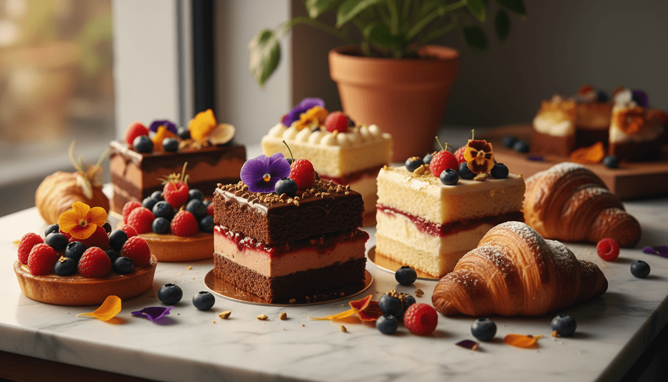 Elegantly arranged artisanal desserts and pastries on marble surface with natural lighting