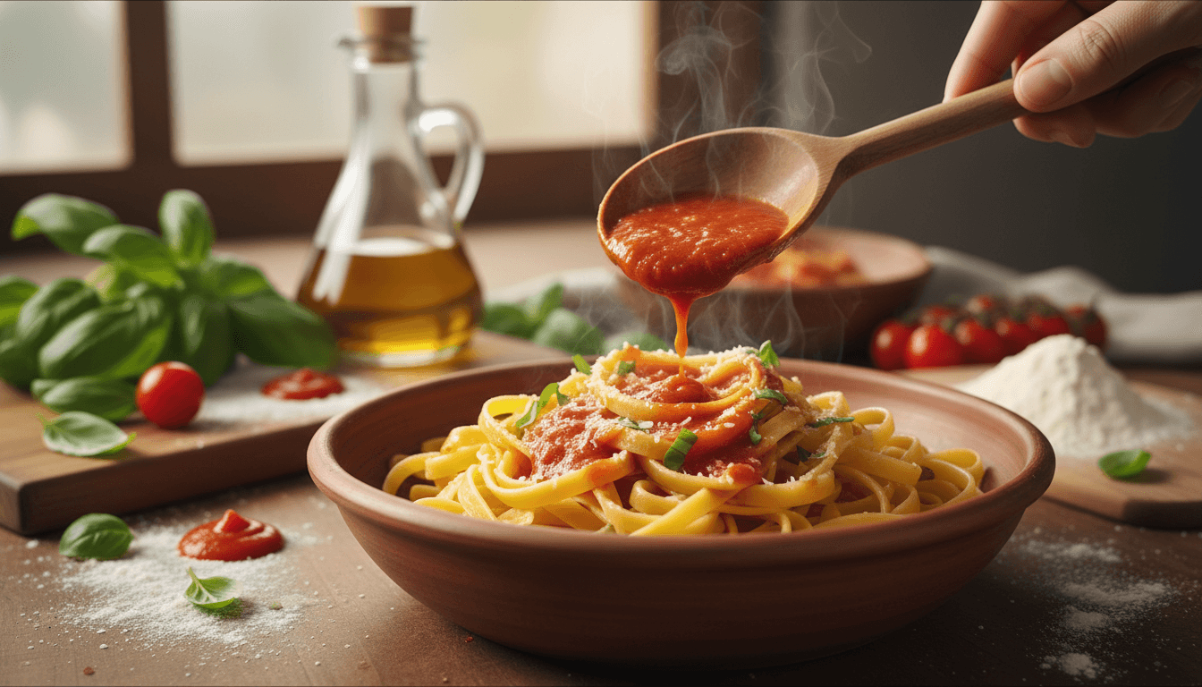 Fresh pasta with vibrant sauce being plated with care