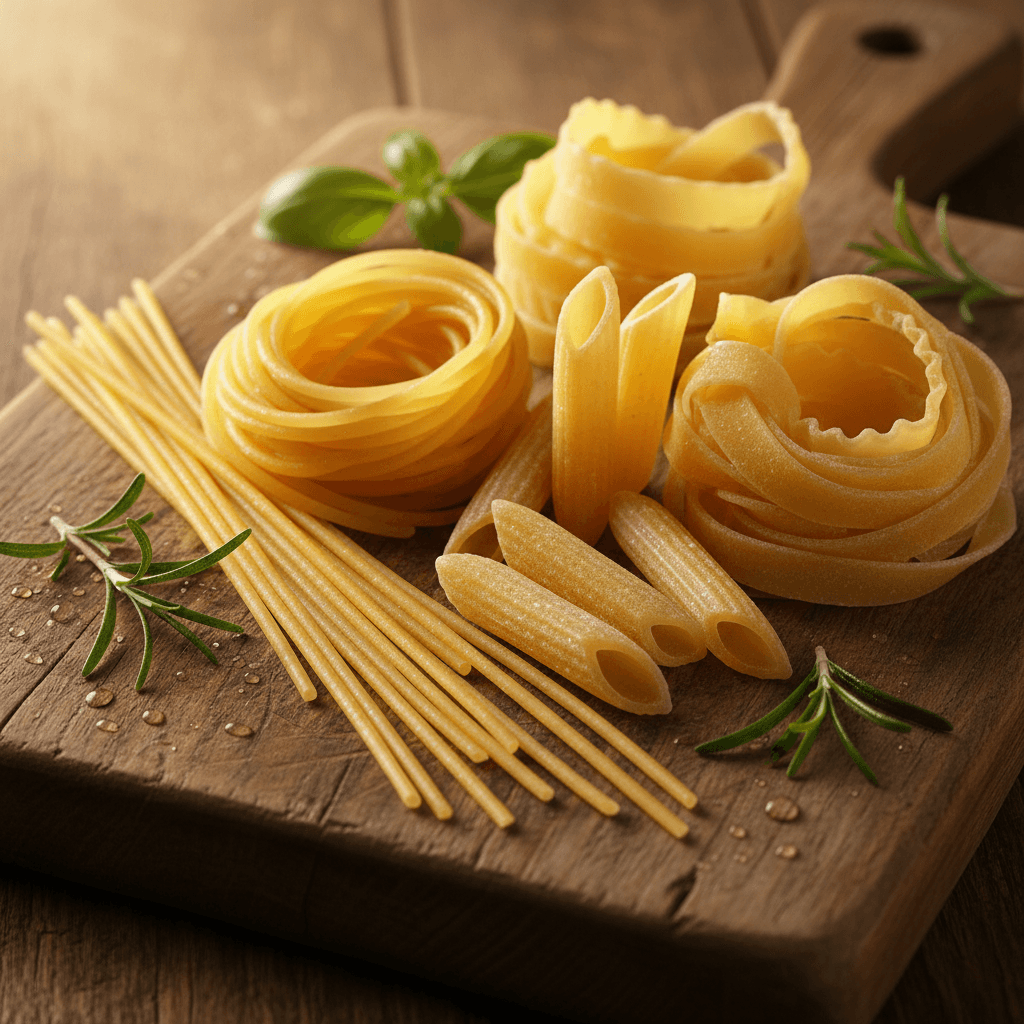 Fresh pasta shapes including spaghetti, penne, and fettuccine