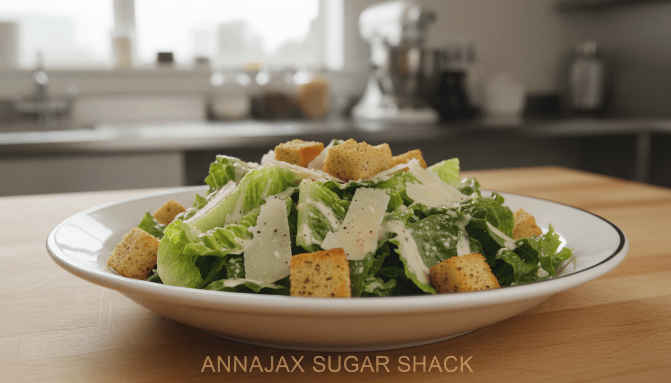 Caesar salad with romaine, Parmesan, and croutons in a white bowl