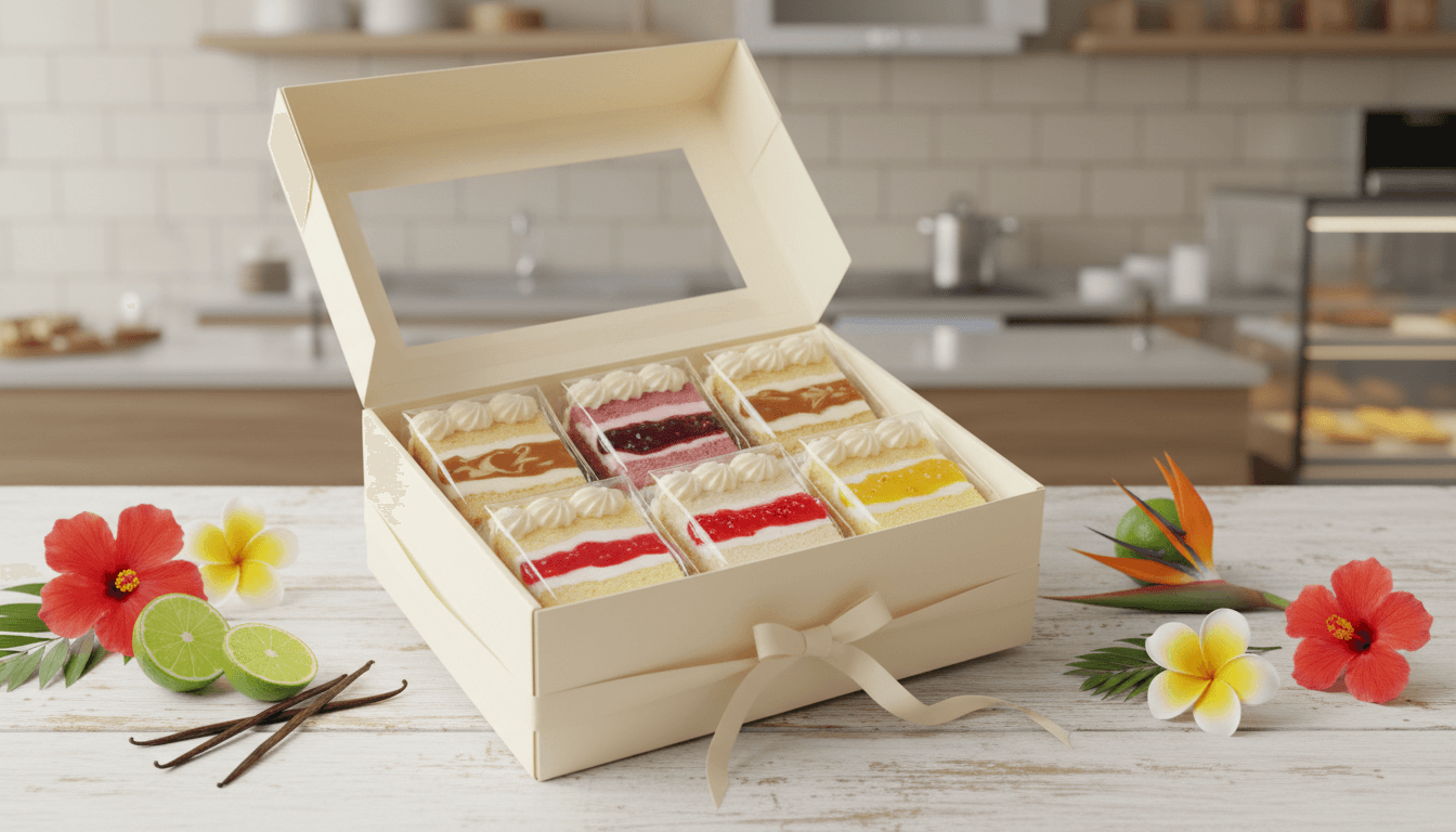 Open gift box displaying six wrapped square cake slices with different colored fillings, surrounded by tropical lime and vanilla garnish on wooden table