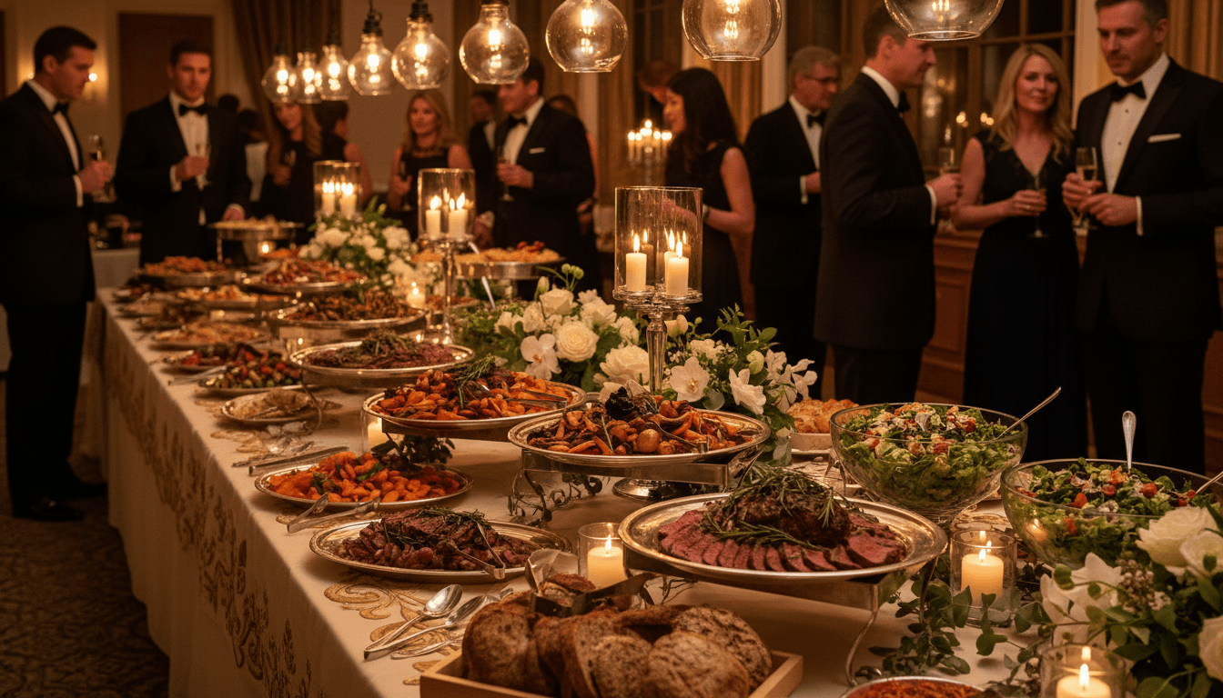 Elegant buffet table with tiered platters of gourmet dishes, warm candlelight, and floral centerpieces at formal event
