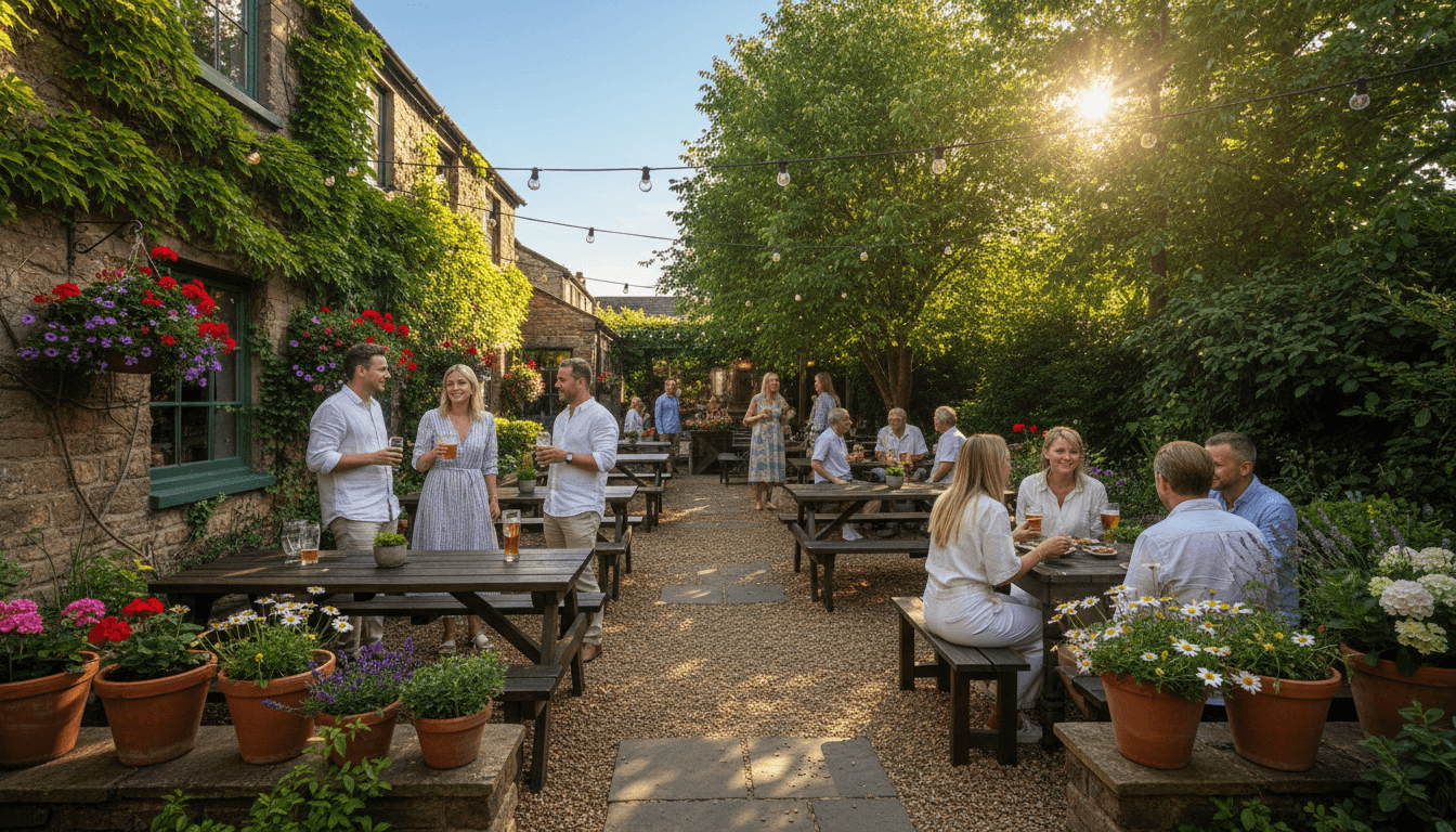 Sunlit outdoor garden seating area with patrons enjoying drinks beneath string lights and tree canopy